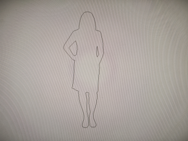 Silhouette of a woman standing with hands on hips wearing a dress.