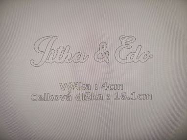 Cursive logo 'Jutba & Edo' with size notes: Výška: 4cm, Celková délka: 16.1cm.